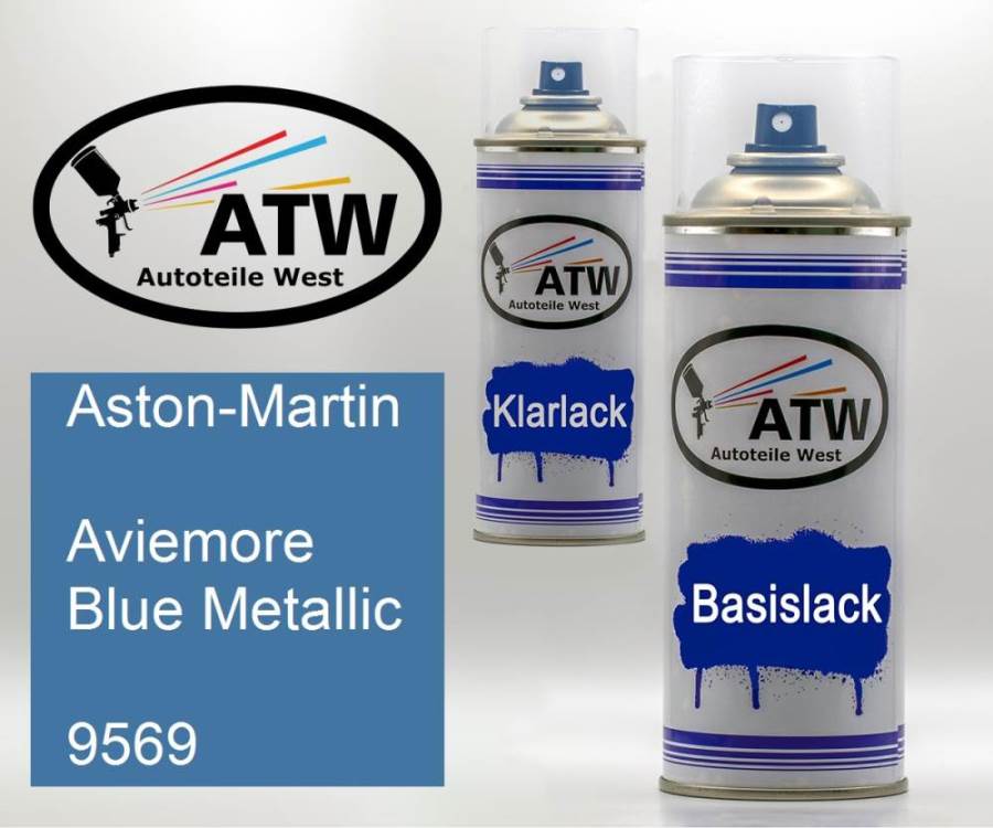 Aston-Martin, Aviemore Blue Metallic, 9569: 400ml Sprühdose + 400ml Klarlack - Set, von ATW Autoteile West.